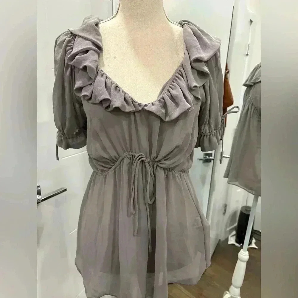 Ruffled Tie-Waist Women’s Top in Taupe